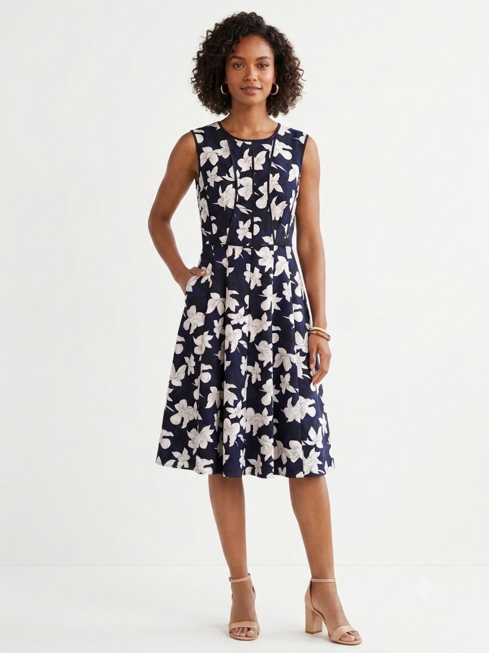 Ann Taylor Navy Blue & White Floral Sleeveless A-Line Fit & Flare Midi Dress 12